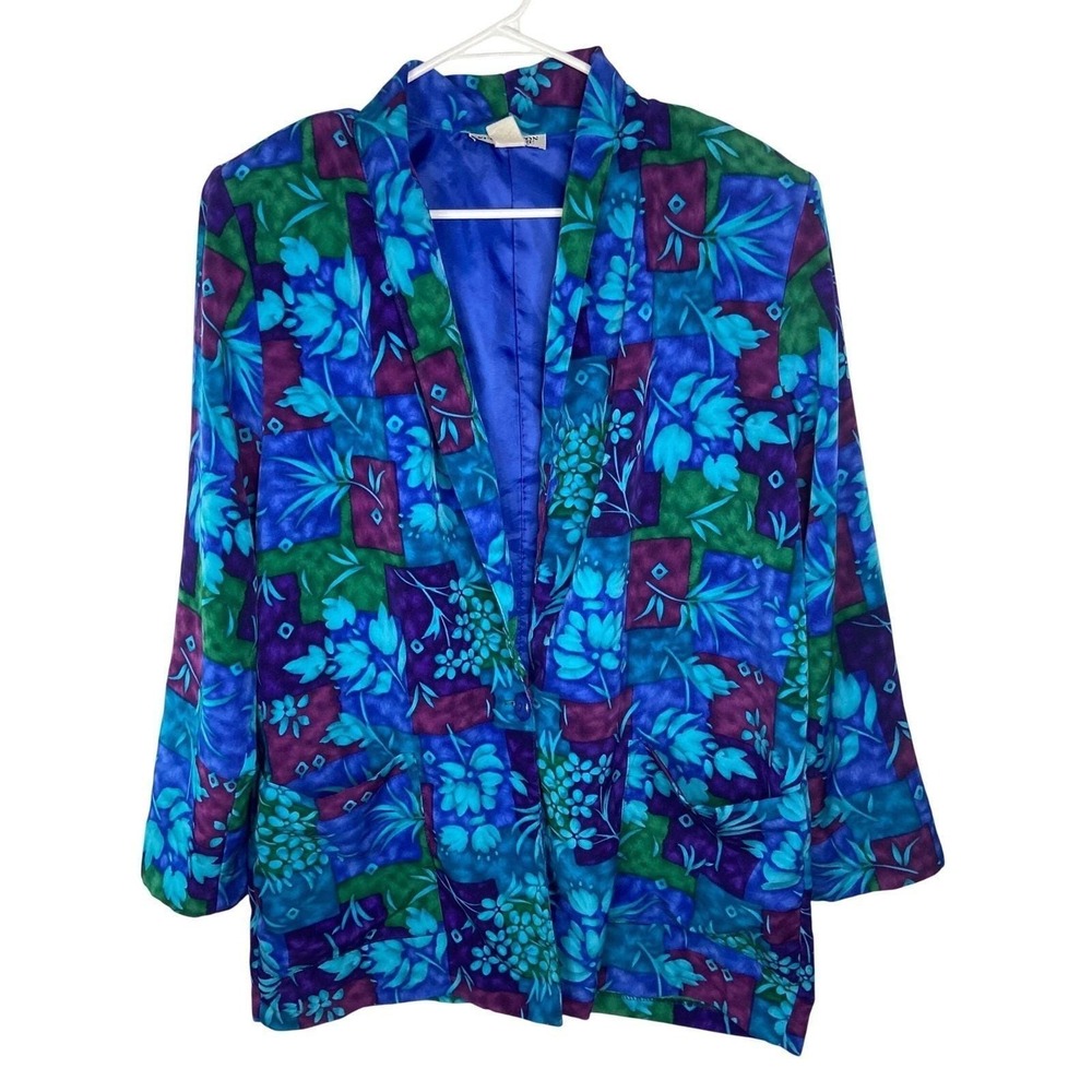 Vintage Kensington Square Floral Patchwork Blazer Blue Green Purple Made in USA